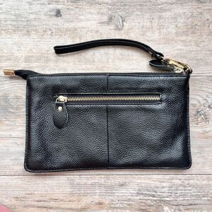 Black Leather Wristlet Clutch Pebbled Zip Pouch Minimal Chic Everyday